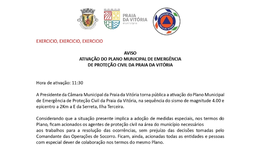 ATIVAÇÃO DO PLANO MUNICIPAL DE EMERGÊNCIA DE PROTEÇÃO CIVIL DA PRAIA DA VITÓRIA