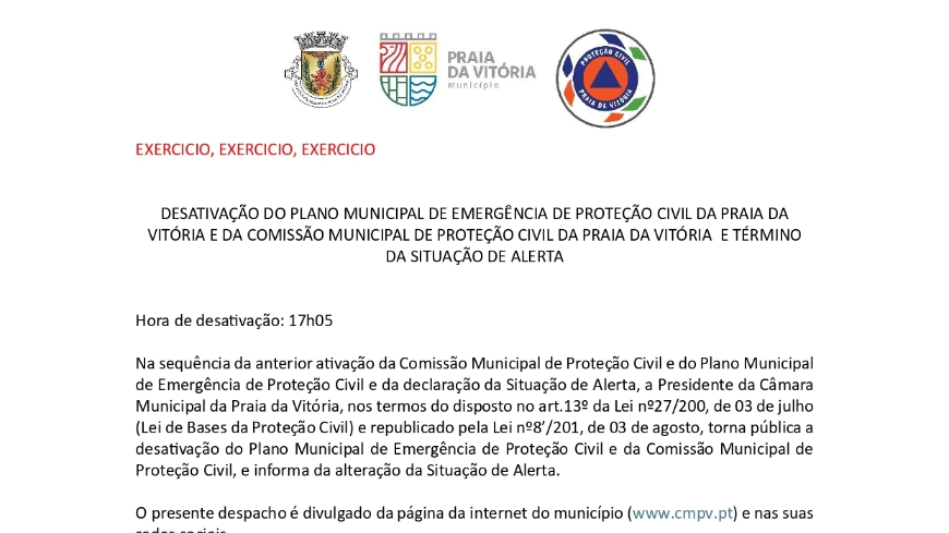 DESATIVAÇÃO DO PLANO MUNICIPAL DE EMERGÊNCIA DE PROTEÇÃO CIVIL DA PRAIA DA VITÓRIA E DA COMIS