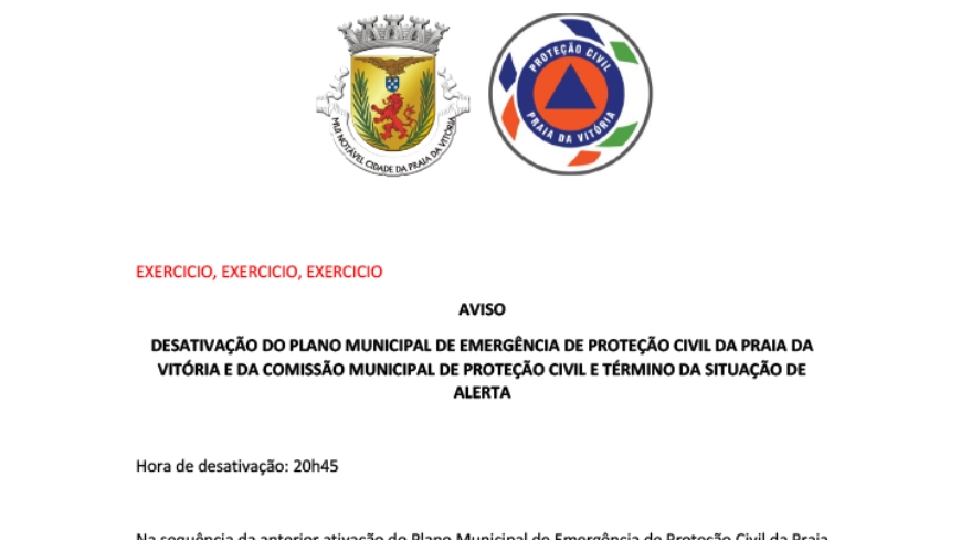 DESATIVAÇÃO DO PLANO MUNICIPAL DE EMERGÊNCIA DE PROTEÇÃO CIVIL DA PRAIA DA VITÓRIA E DA COMIS