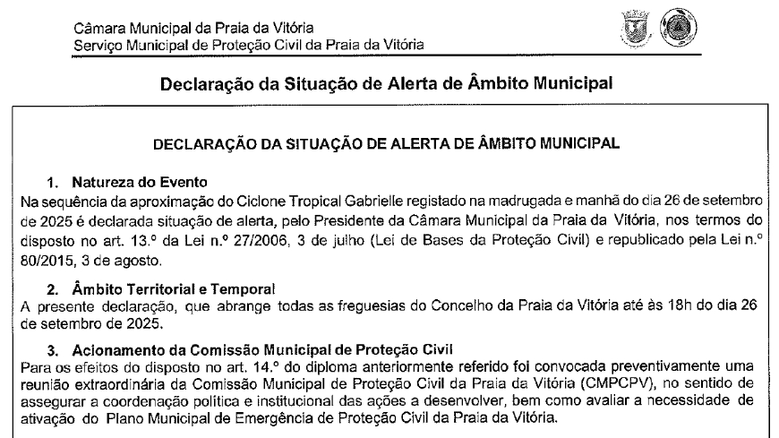 Declaração da Situação de Alerta de Âmbito Municipal - Ciclone Tropical Gabrielle