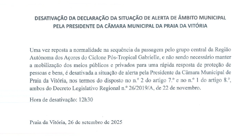 Desativação da Declaração da Situação de Alerta